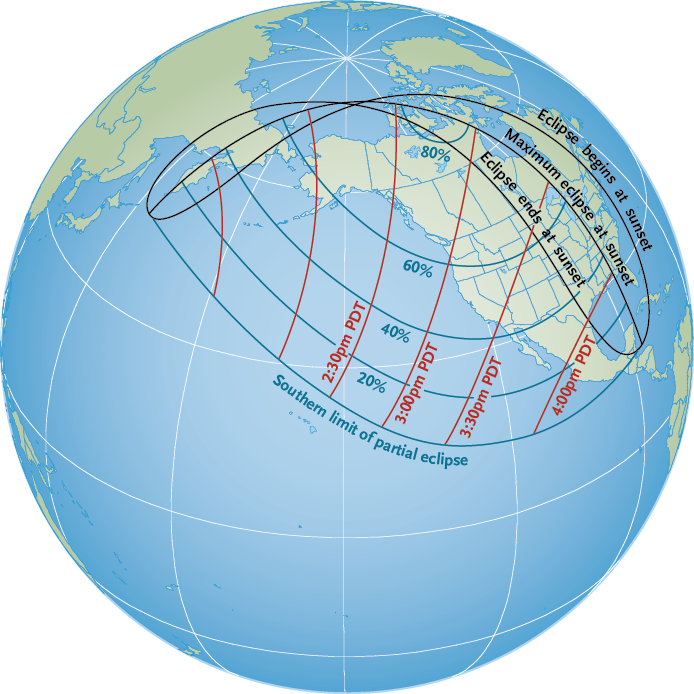 Diagram of visibility for partial solar eclipse, October 23, 2014